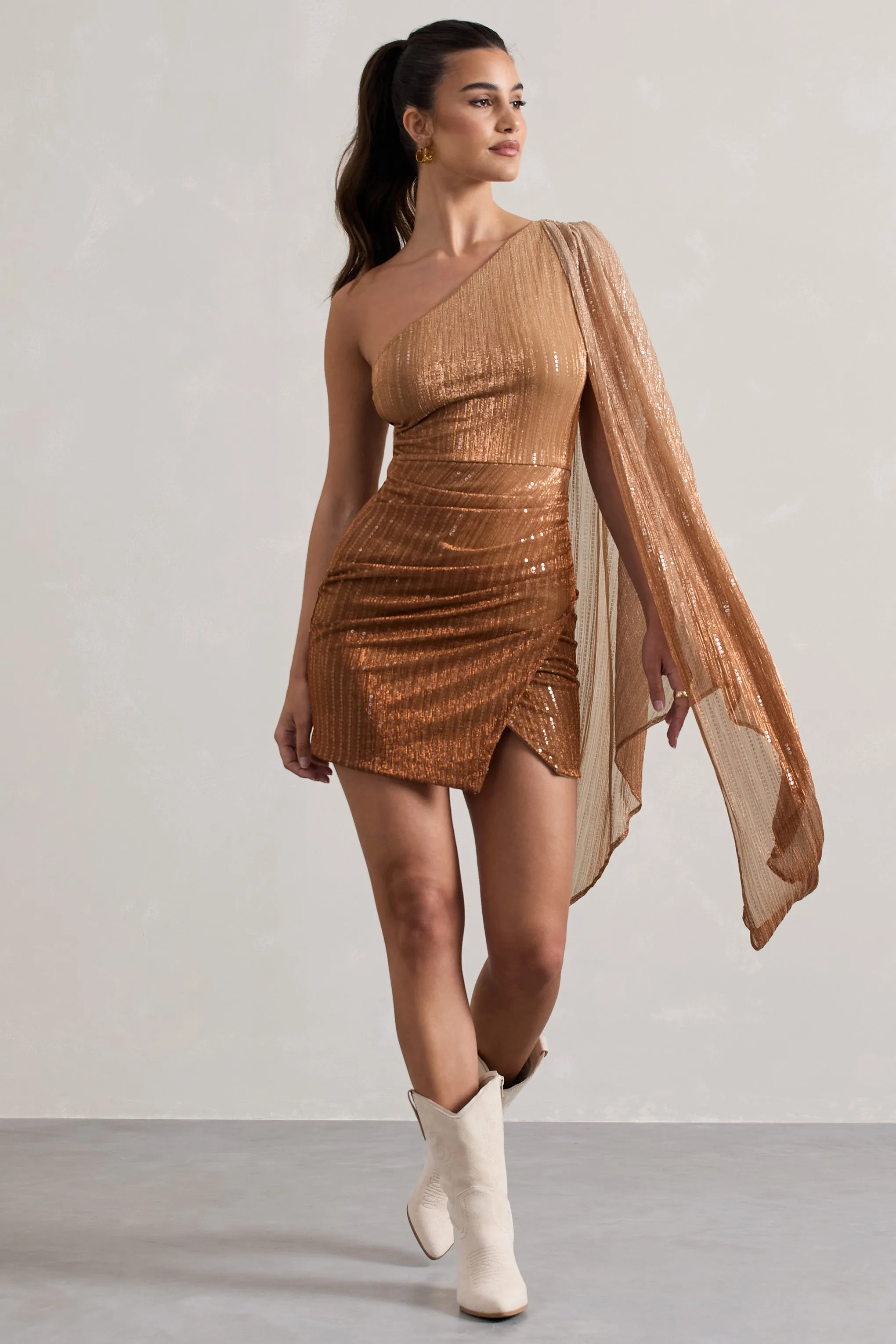 Sunlit | Gold Ombre Metallic Asymmetric Mini Dress With Cape Sleeve sold by Club L London product image thumbnail 5