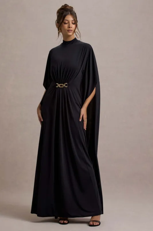 Olessia | Black Belted Gathered Cape-Sleeve Maxi Dress sold by Club L London
