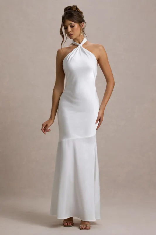 Knox | White Satin Knot Halter-Neck Maxi Dress made by Club L London