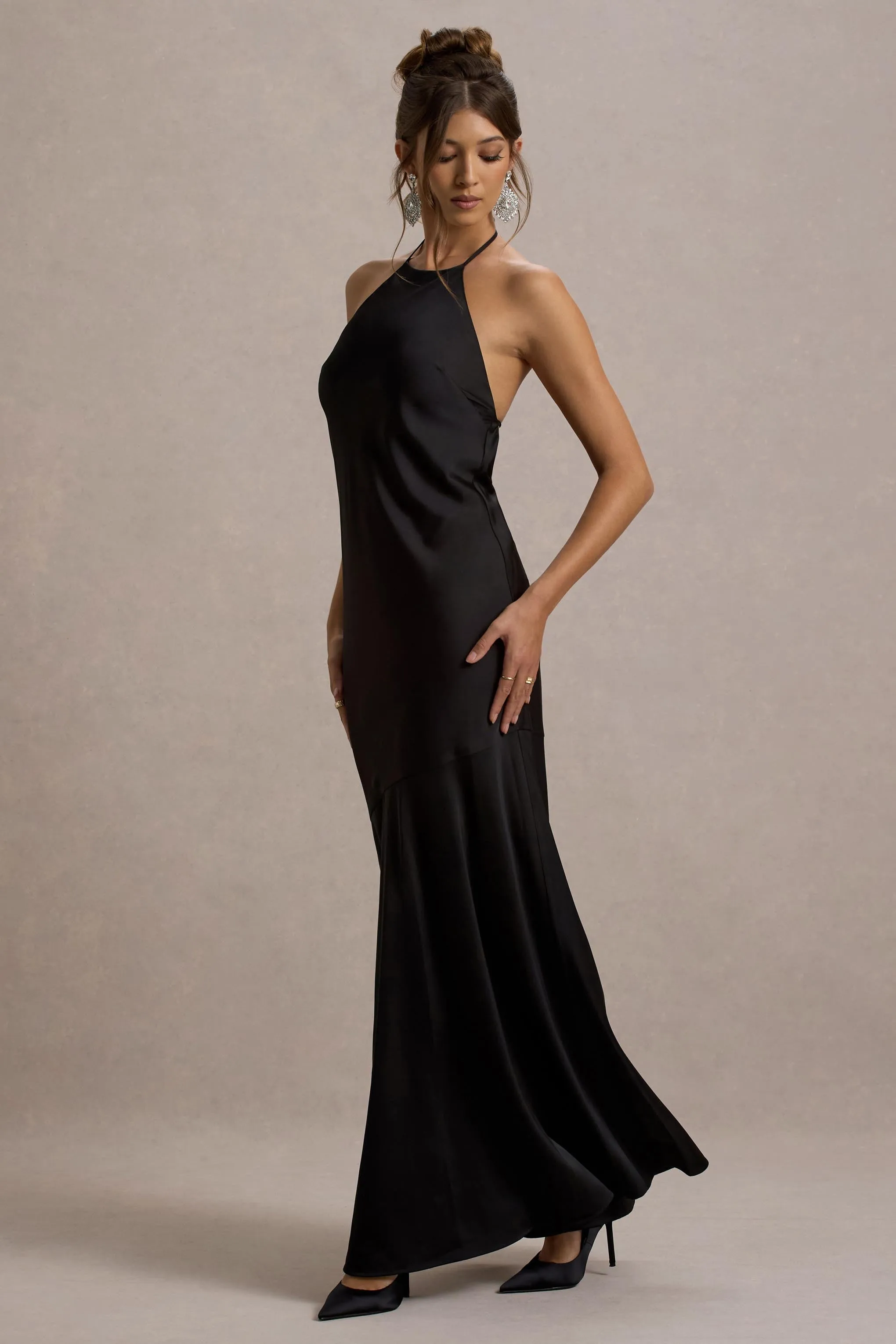 Frida | Black Satin Halter-Neck Backless Maxi Dress sold by Club L London product image thumbnail 5
