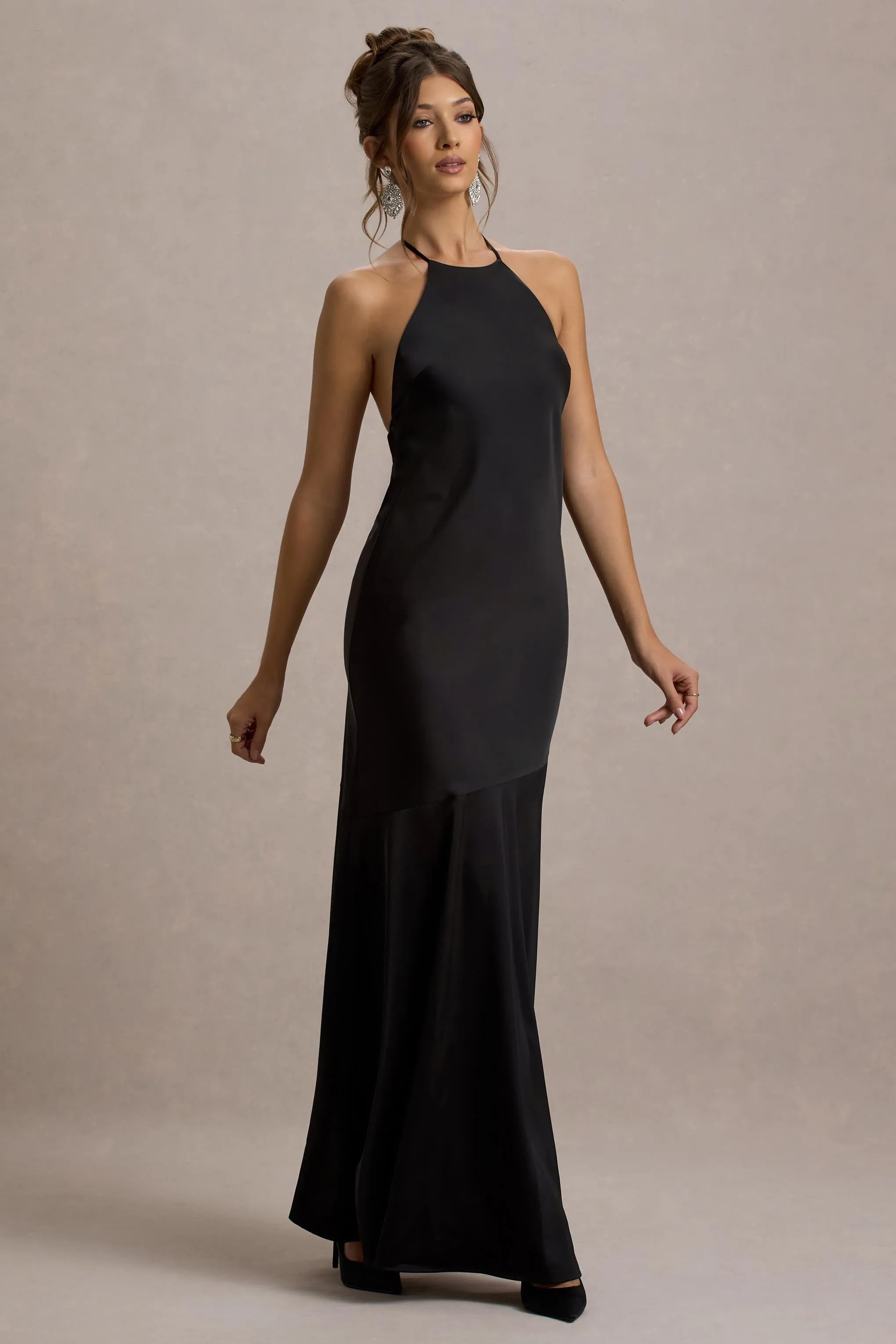 Frida | Black Satin Halter-Neck Backless Maxi Dress sold by Club L London product image thumbnail 4