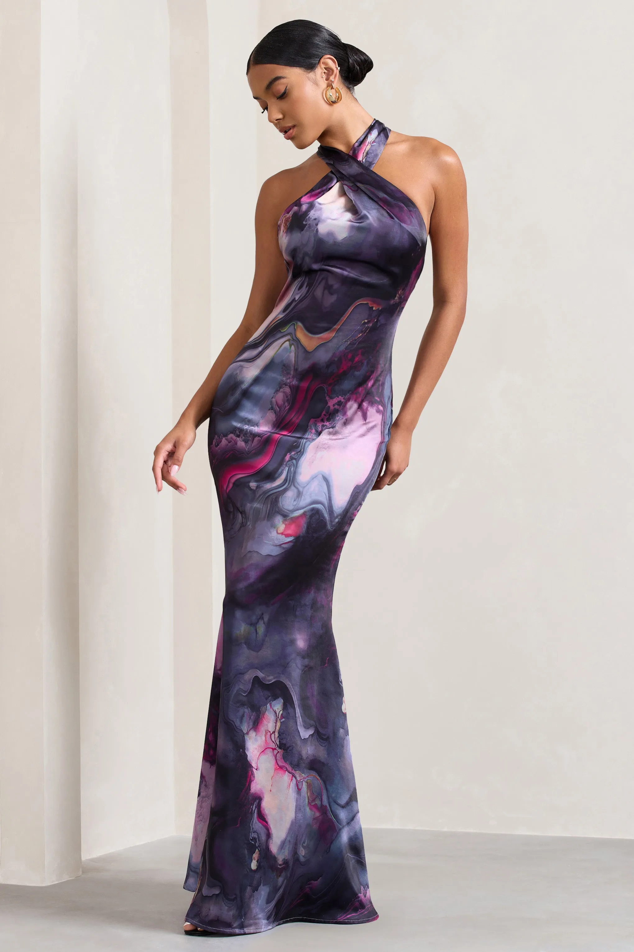 Unstoppable | Marble Print Satin Cross Over Halterneck Maxi Dress sold by Club L London product image thumbnail 5