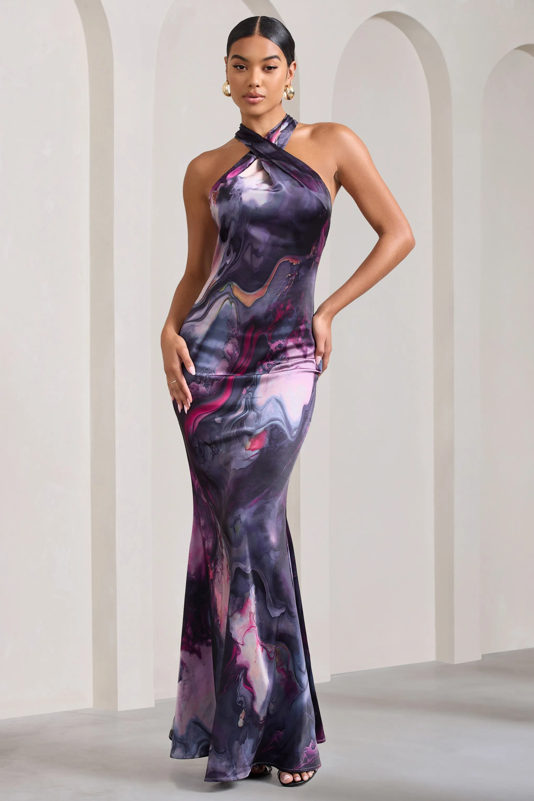 Unstoppable | Marble Print Satin Cross Over Halterneck Maxi Dress sold by Club L London product image thumbnail 4