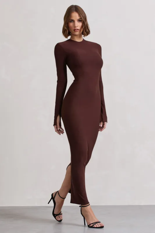 Wonder | Chocolate Brown Bodycon Long-Sleeve Maxi Dress sold by Club L London