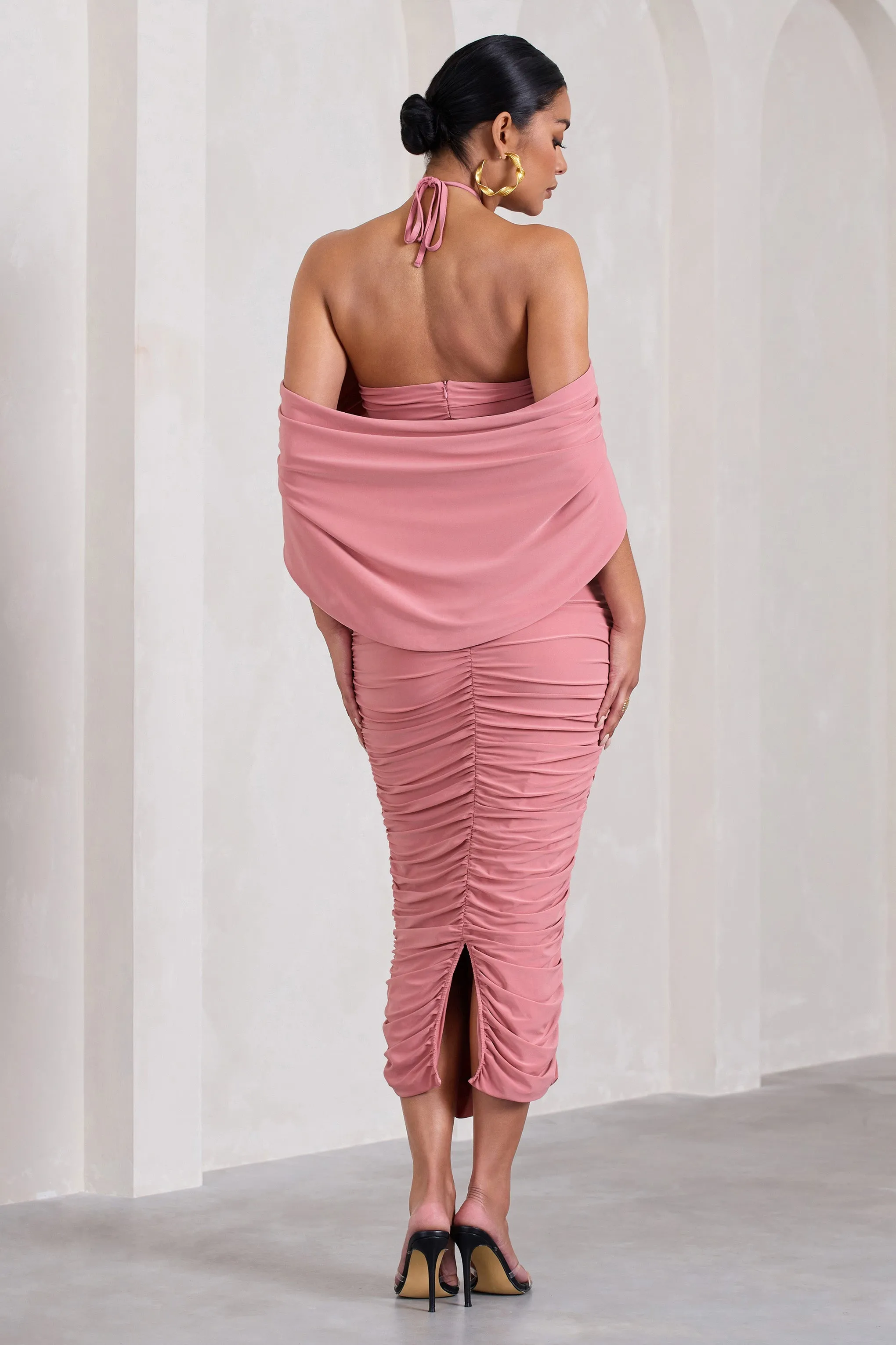Daisy | Blush Pink Ruched Flower Halter-Neck Drape-Sleeve Maternity Midi Dress sold by Club L London product image thumbnail 2
