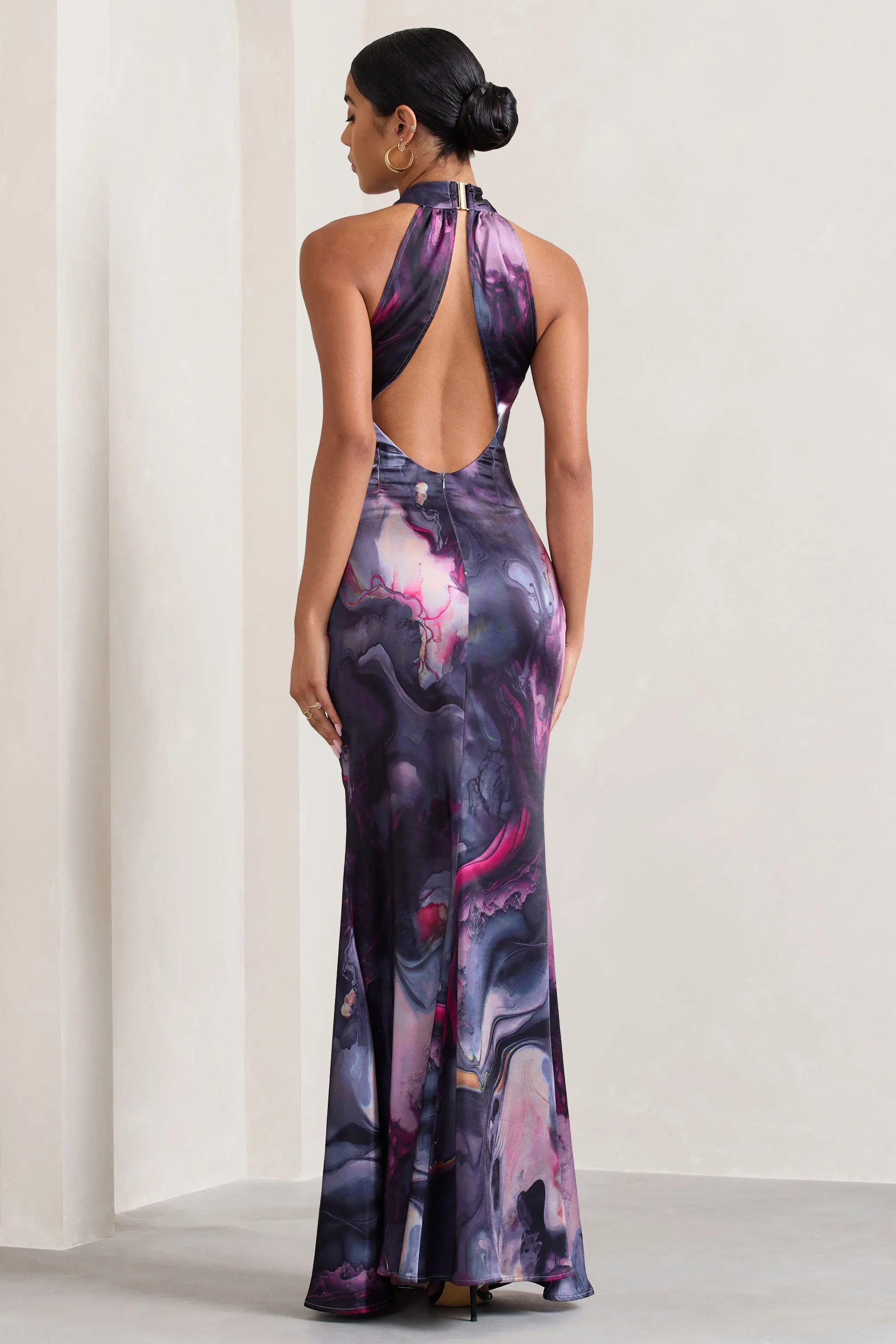 Unstoppable | Marble Print Satin Cross Over Halterneck Maxi Dress sold by Club L London product image thumbnail 2