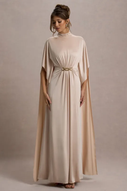 Olessia | Champagne Belted Gathered Cape-Sleeve Maxi Dress sold by Club L London