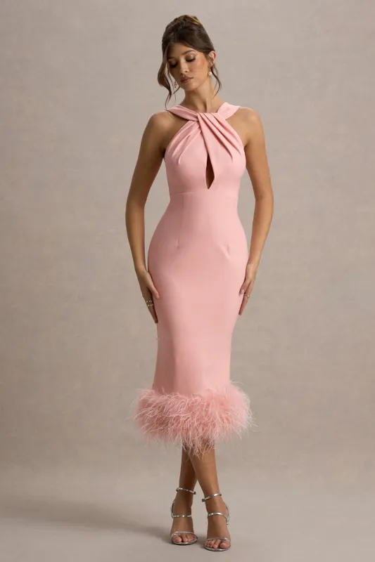 Titania | Pink Twist-Neck Feather Hem Midi Dress sold by Club L London