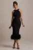 Titania | Black Twist-Neck Feather Hem Midi Dress sold by Club L London