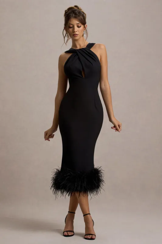 Titania | Black Twist-Neck Feather Hem Midi Dress sold by Club L London