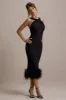 Titania | Black Twist-Neck Feather Hem Midi Dress sold by Club L London