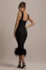 Titania | Black Twist-Neck Feather Hem Midi Dress sold by Club L London