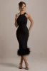Titania | Black Twist-Neck Feather Hem Midi Dress sold by Club L London