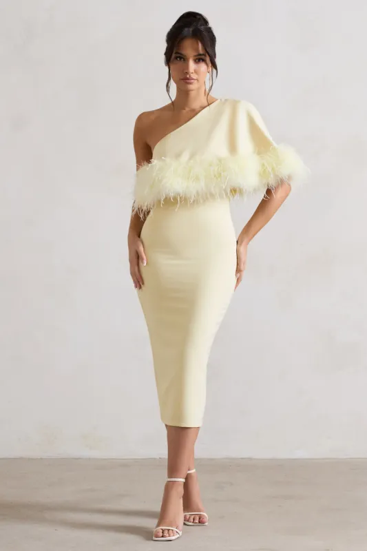 Victory | Lemon One Shoulder Midi Dress With Feather Trim sold by Club L London
