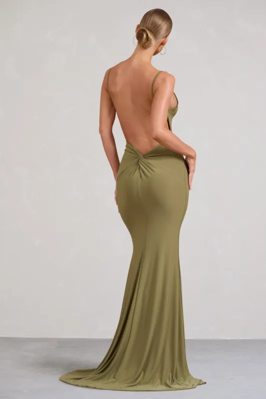Endless Love | Olive Backless Knot Detail Fishtail Maxi Dress sold by Club L London