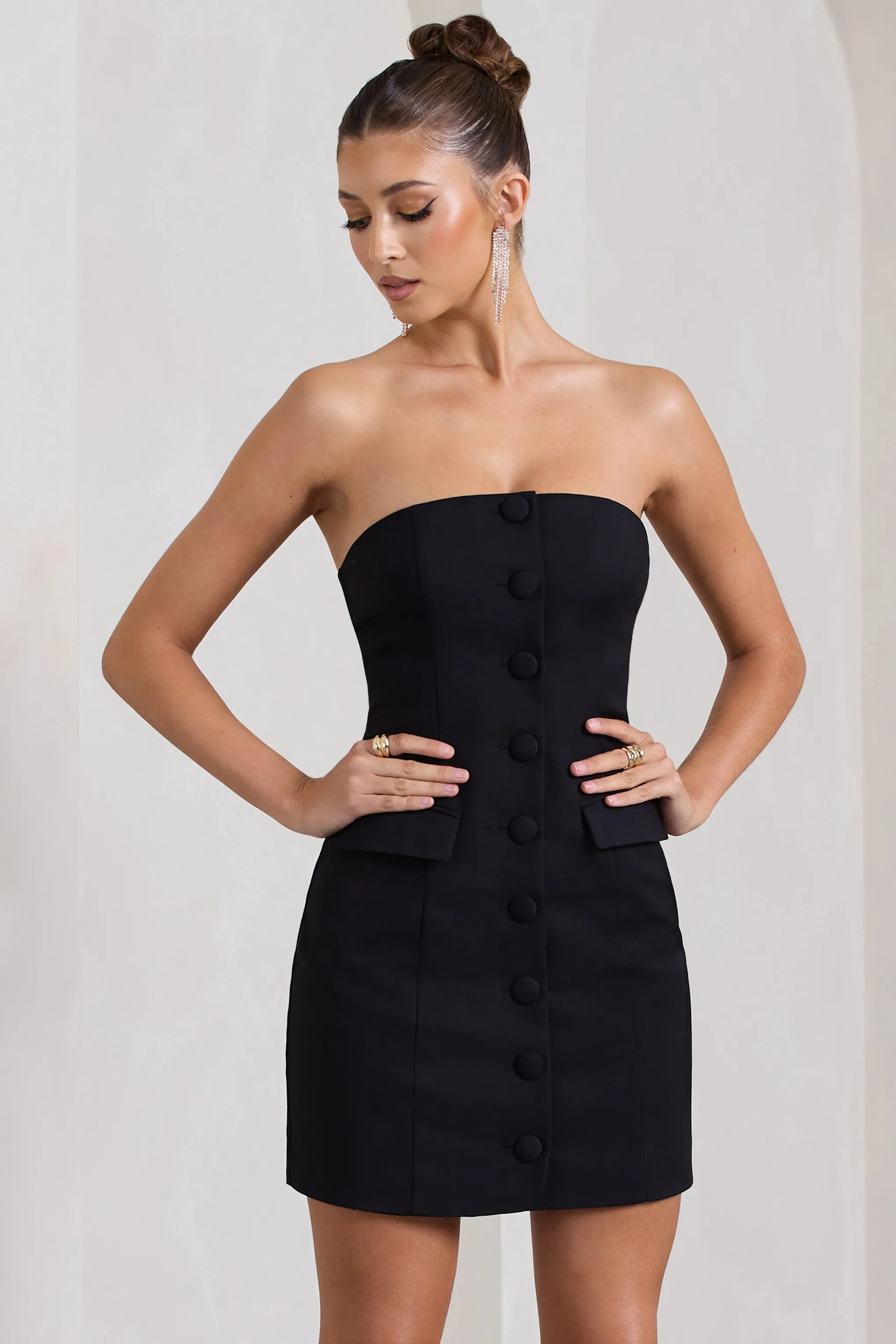 Rina | Black Strapless Tailored Mini Dress With Button Front sold by Club L London product image thumbnail 4