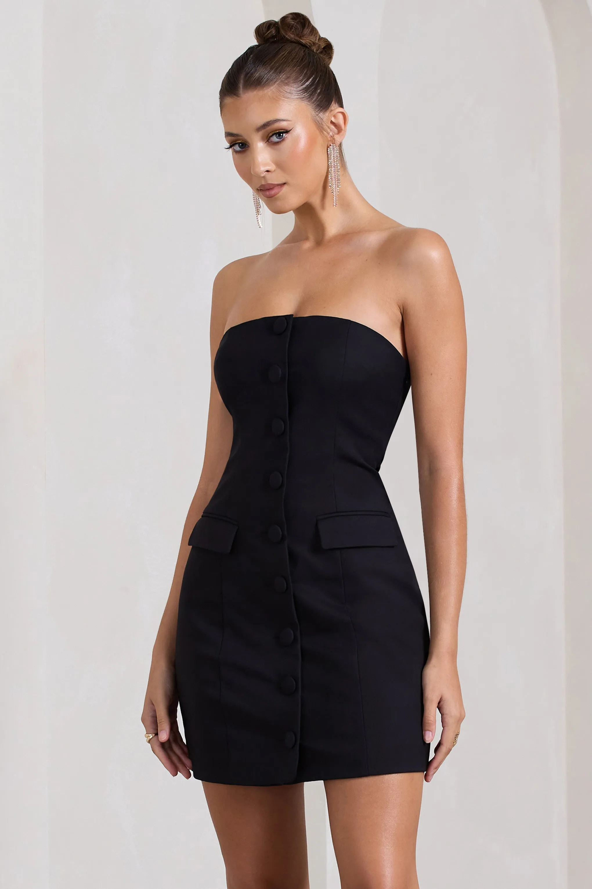 Rina | Black Strapless Tailored Mini Dress With Button Front sold by Club L London