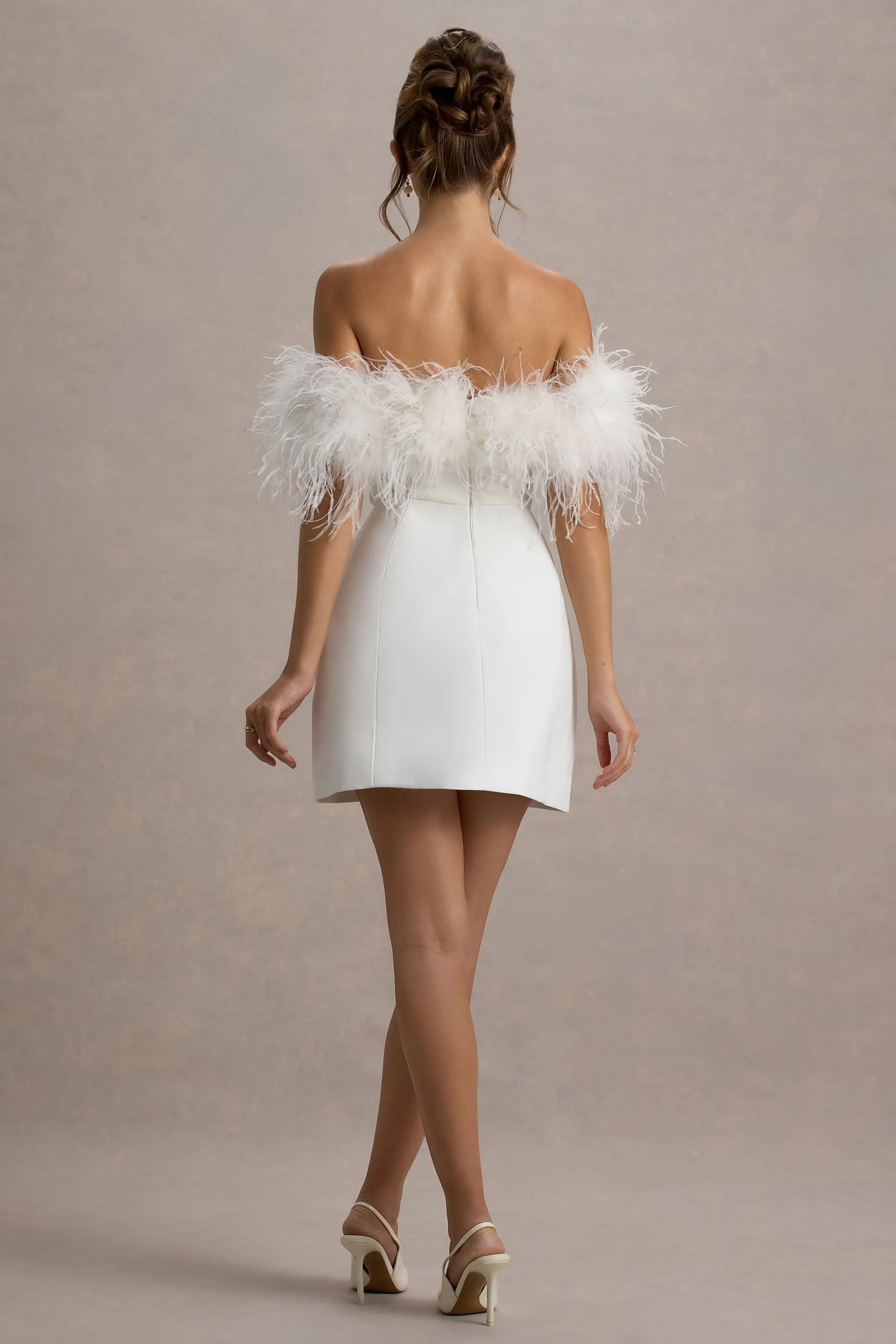 Palace | White Bardot Mini Dress With Feather Trim sold by Club L London product image thumbnail 2