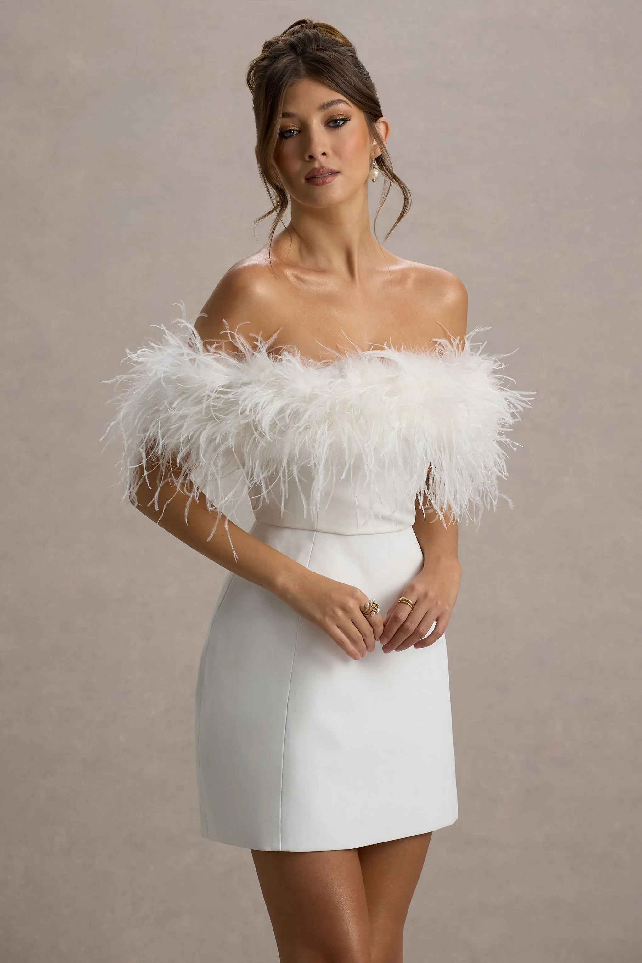 Palace | White Bardot Mini Dress With Feather Trim sold by Club L London product image thumbnail 3