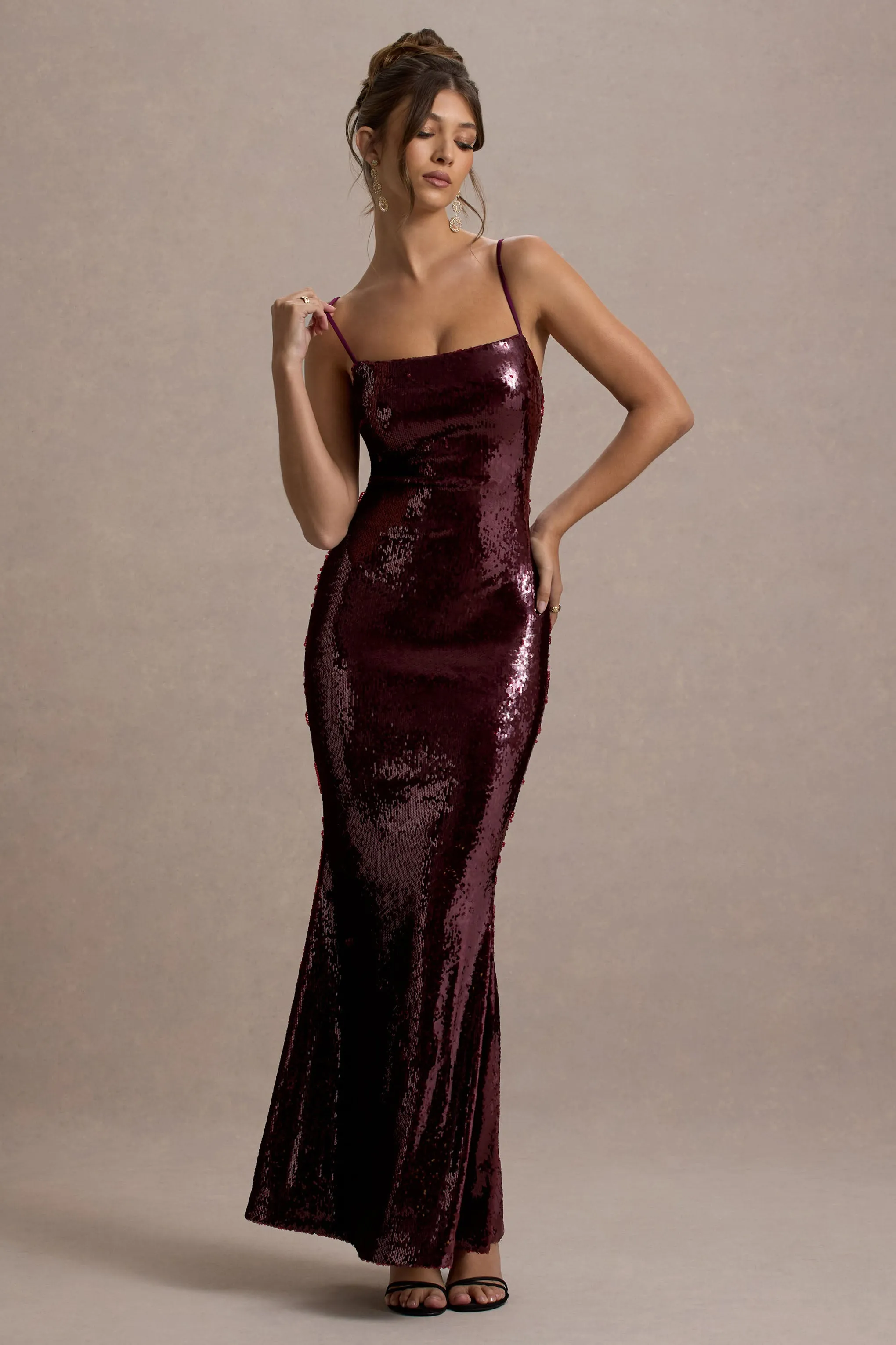 Crystalline | Berry Sequin Strappy Maxi Dress sold by Club L London product image thumbnail 4