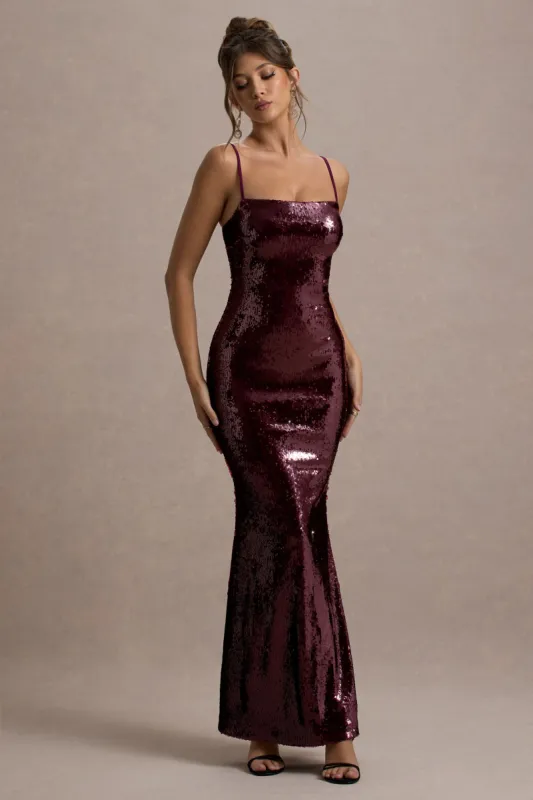 Crystalline | Berry Sequin Strappy Maxi Dress sold by Club L London