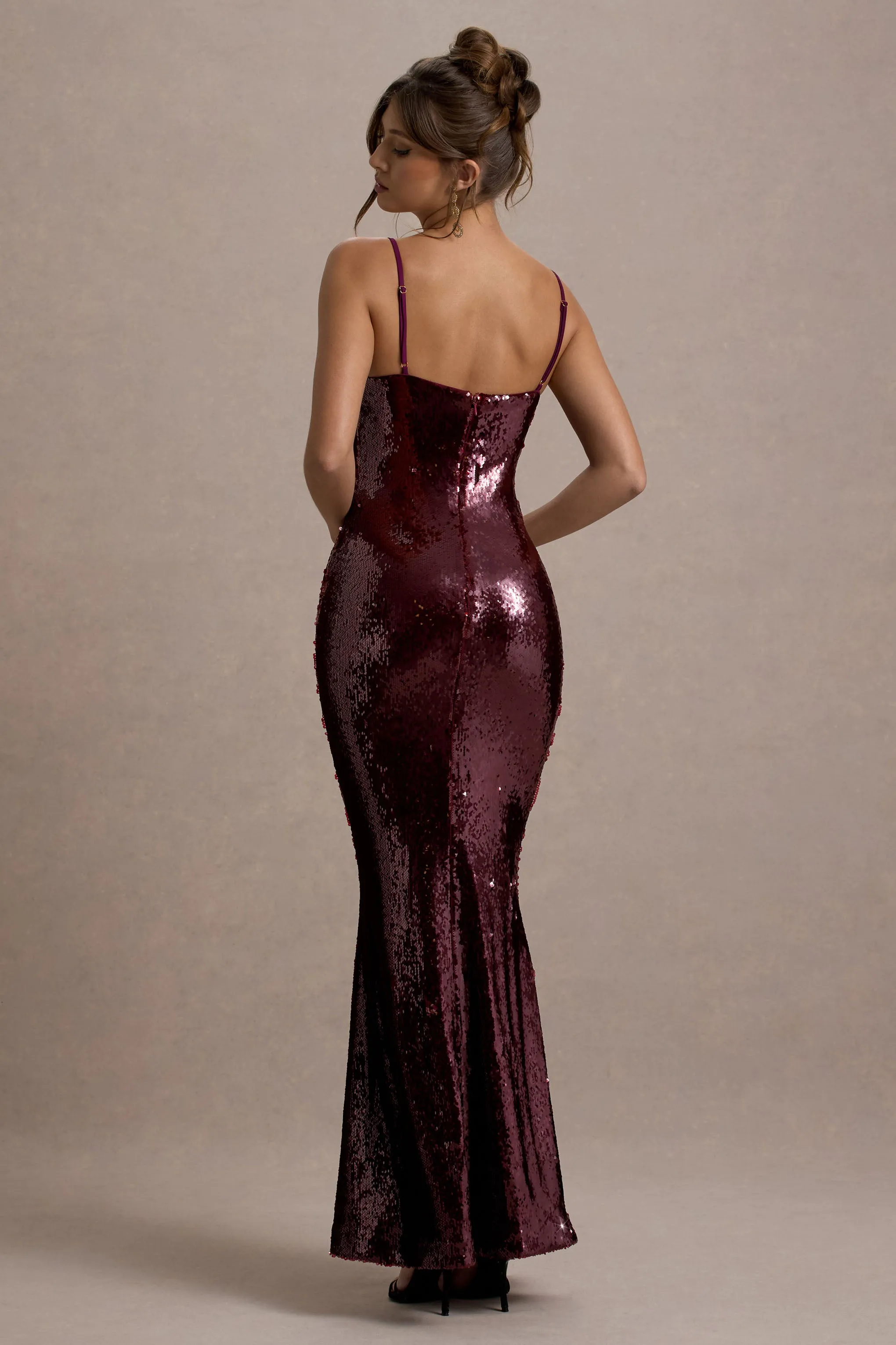 Crystalline | Berry Sequin Strappy Maxi Dress sold by Club L London product image thumbnail 2