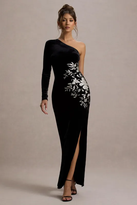 Chance | Black Embroidered Velvet One-Sleeve Maxi Dress sold by Club L London