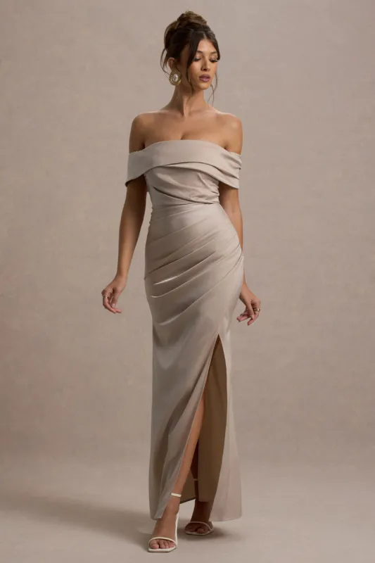 Martine | Champagne Satin Bardot Wrap Maxi Dress sold by Club L London