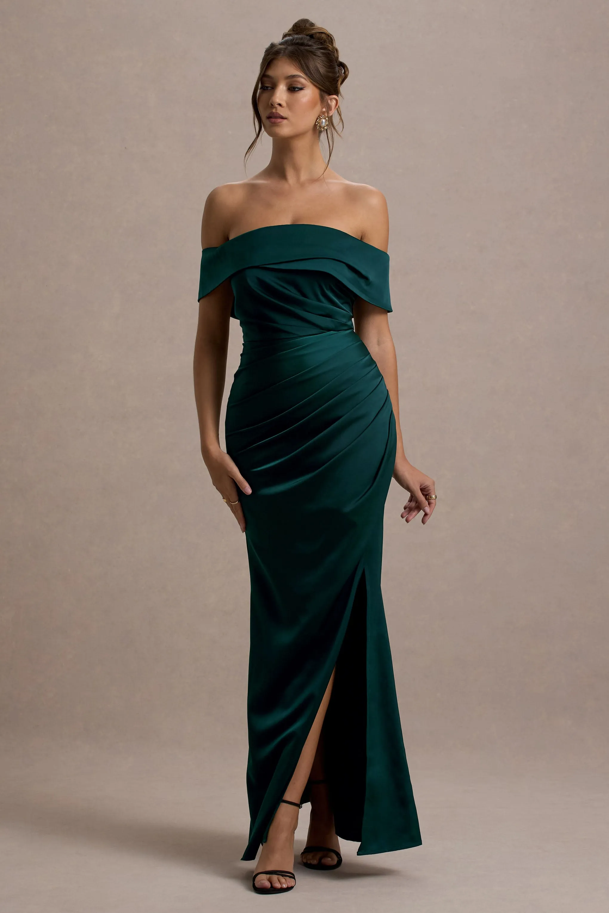Martine | Bottle Green Satin Bardot Wrap Maxi Dress sold by Club L London product image thumbnail 4