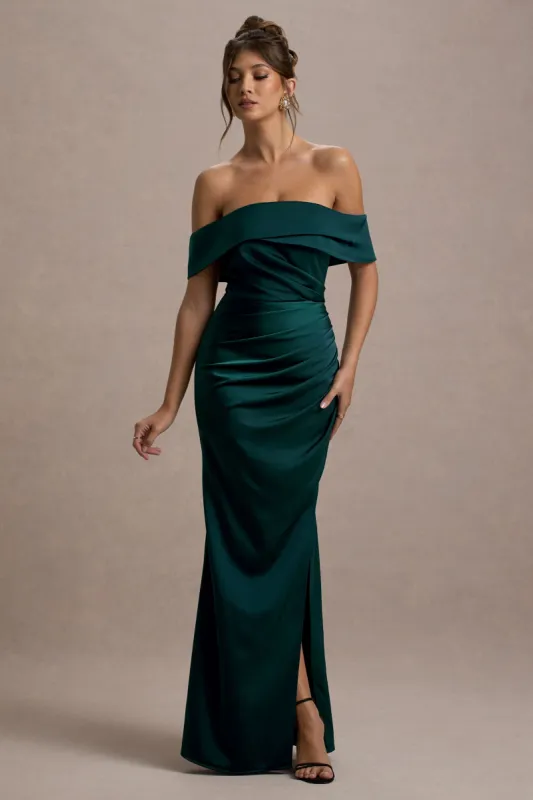 Martine | Bottle Green Satin Bardot Wrap Maxi Dress sold by Club L London