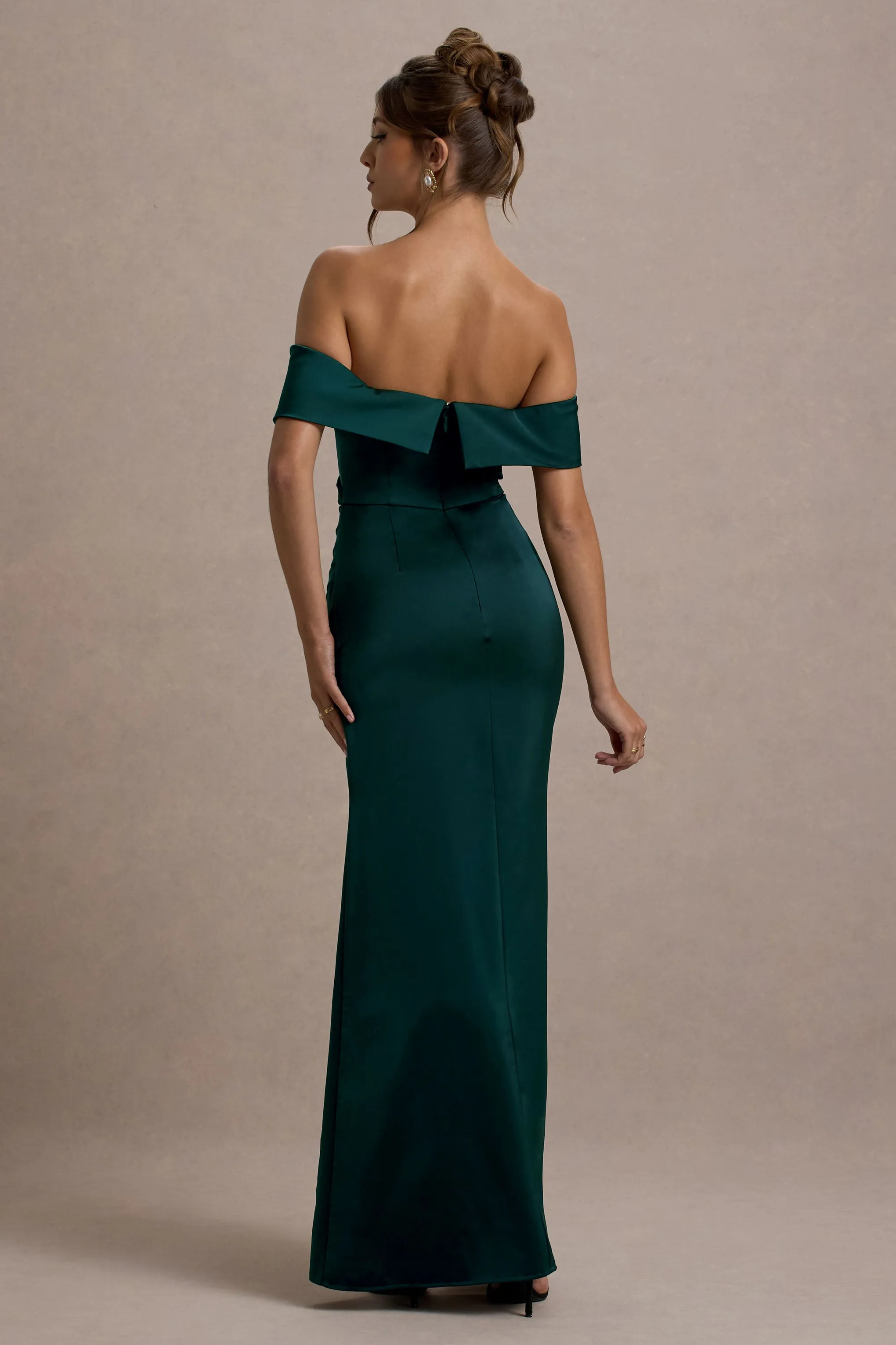 Martine | Bottle Green Satin Bardot Wrap Maxi Dress sold by Club L London product image thumbnail 2