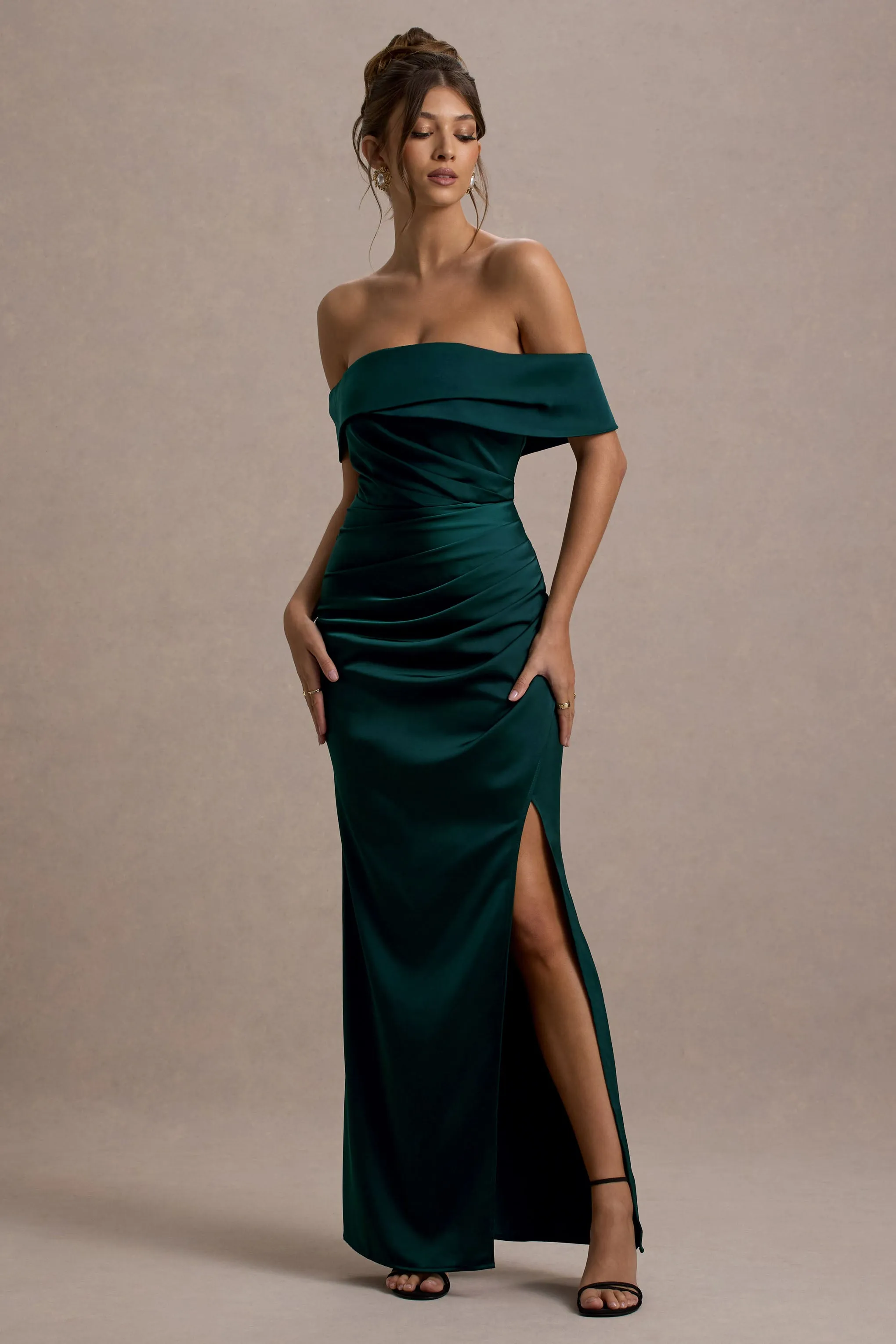 Martine | Bottle Green Satin Bardot Wrap Maxi Dress sold by Club L London product image thumbnail 5