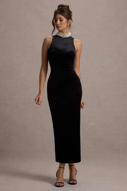 Audrine | Black Velvet Embellished High-Neck Maxi Dress sold by Club L London