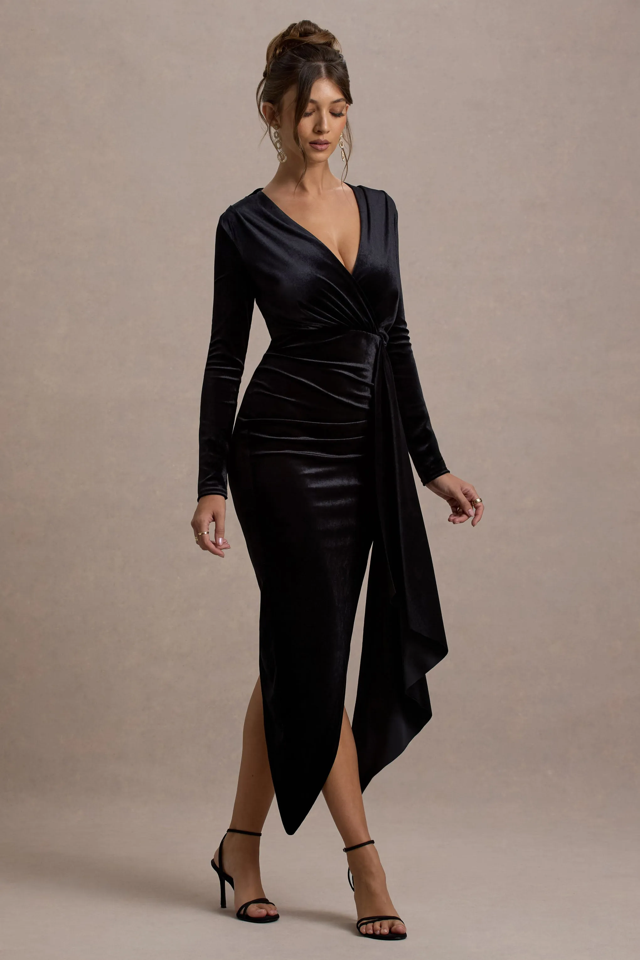 Arcadia | Black Velvet Plunge-Neck Wrap Midi Dress sold by Club L London product image thumbnail 4