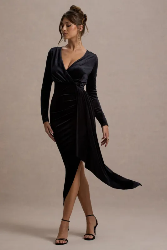 Arcadia | Black Velvet Plunge-Neck Wrap Midi Dress sold by Club L London