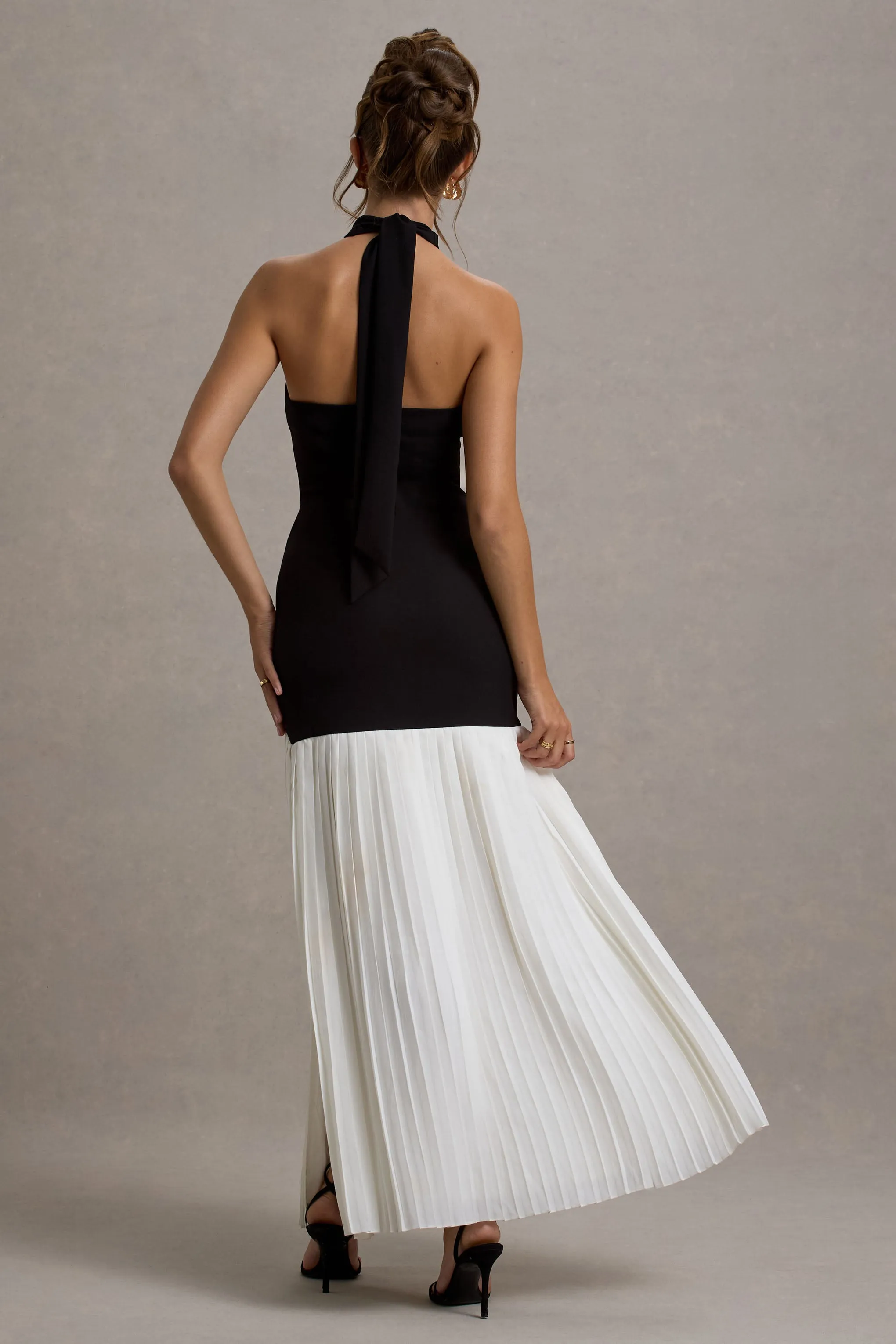 Khai | Black & White Halter-Neck Maxi Dress With Plisse Skirt sold by Club L London product image thumbnail 2