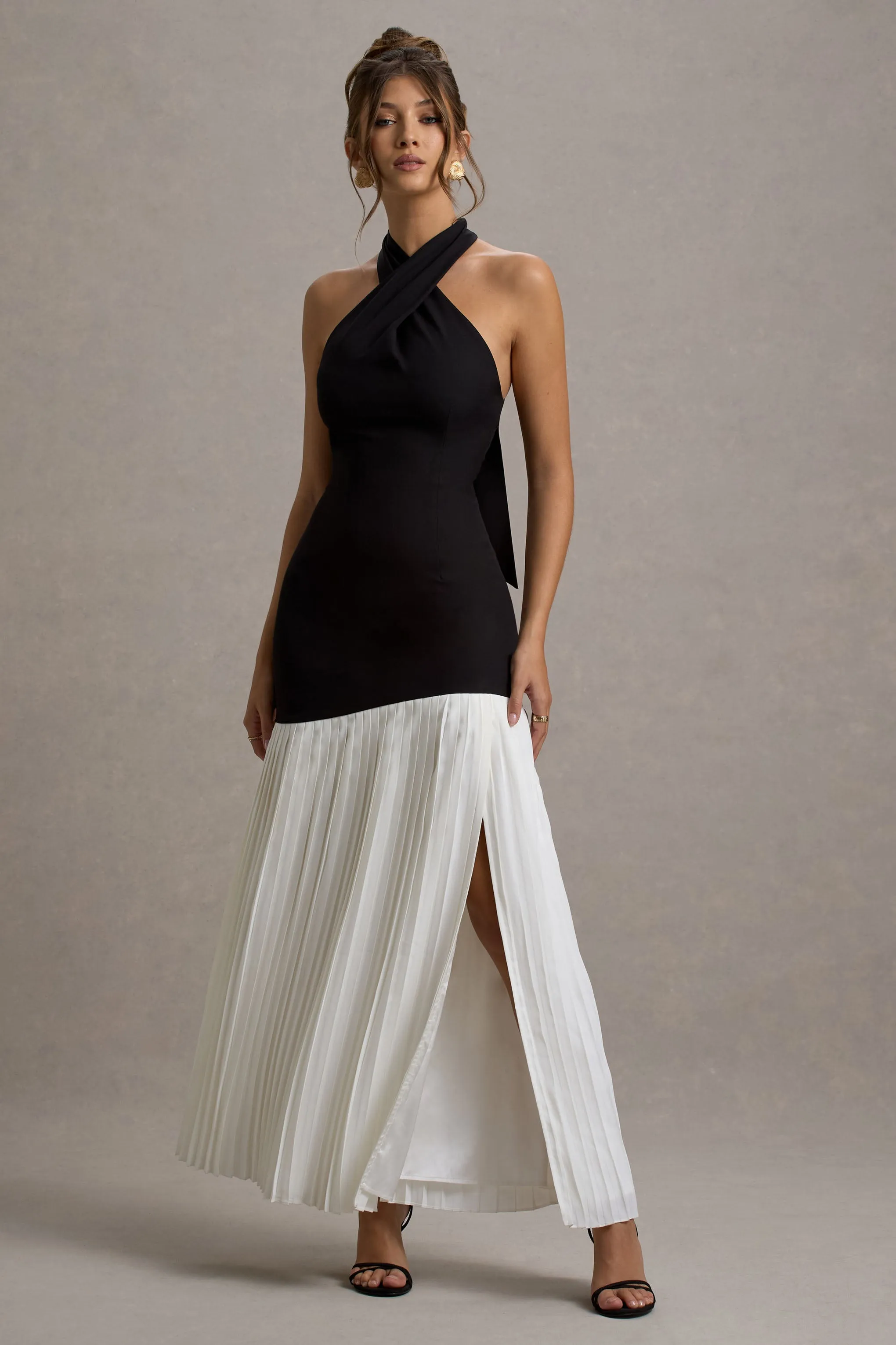 Khai | Black & White Halter-Neck Maxi Dress With Plisse Skirt sold by Club L London product image thumbnail 5