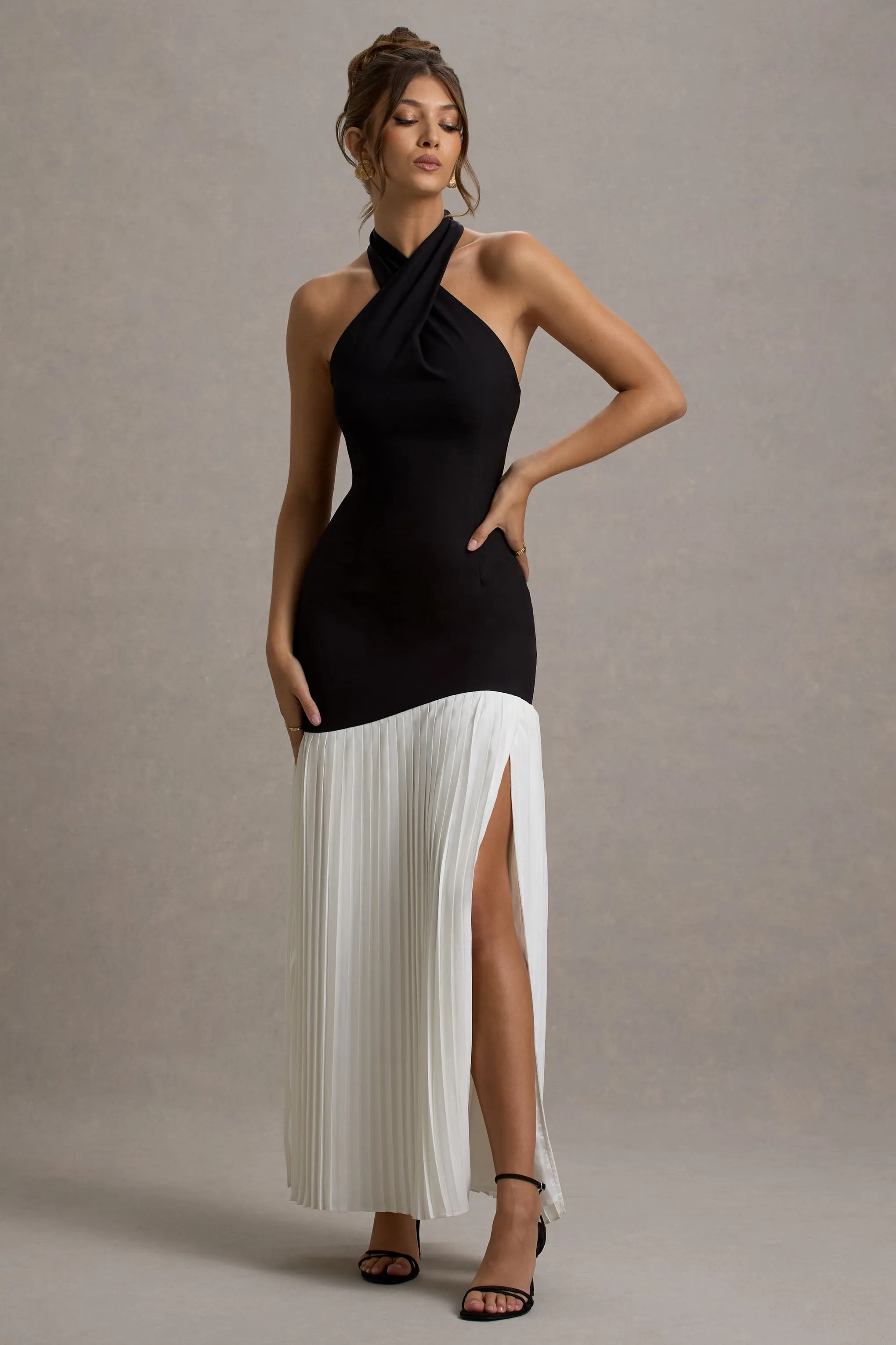 Khai | Black & White Halter-Neck Maxi Dress With Plisse Skirt sold by Club L London product image thumbnail 4