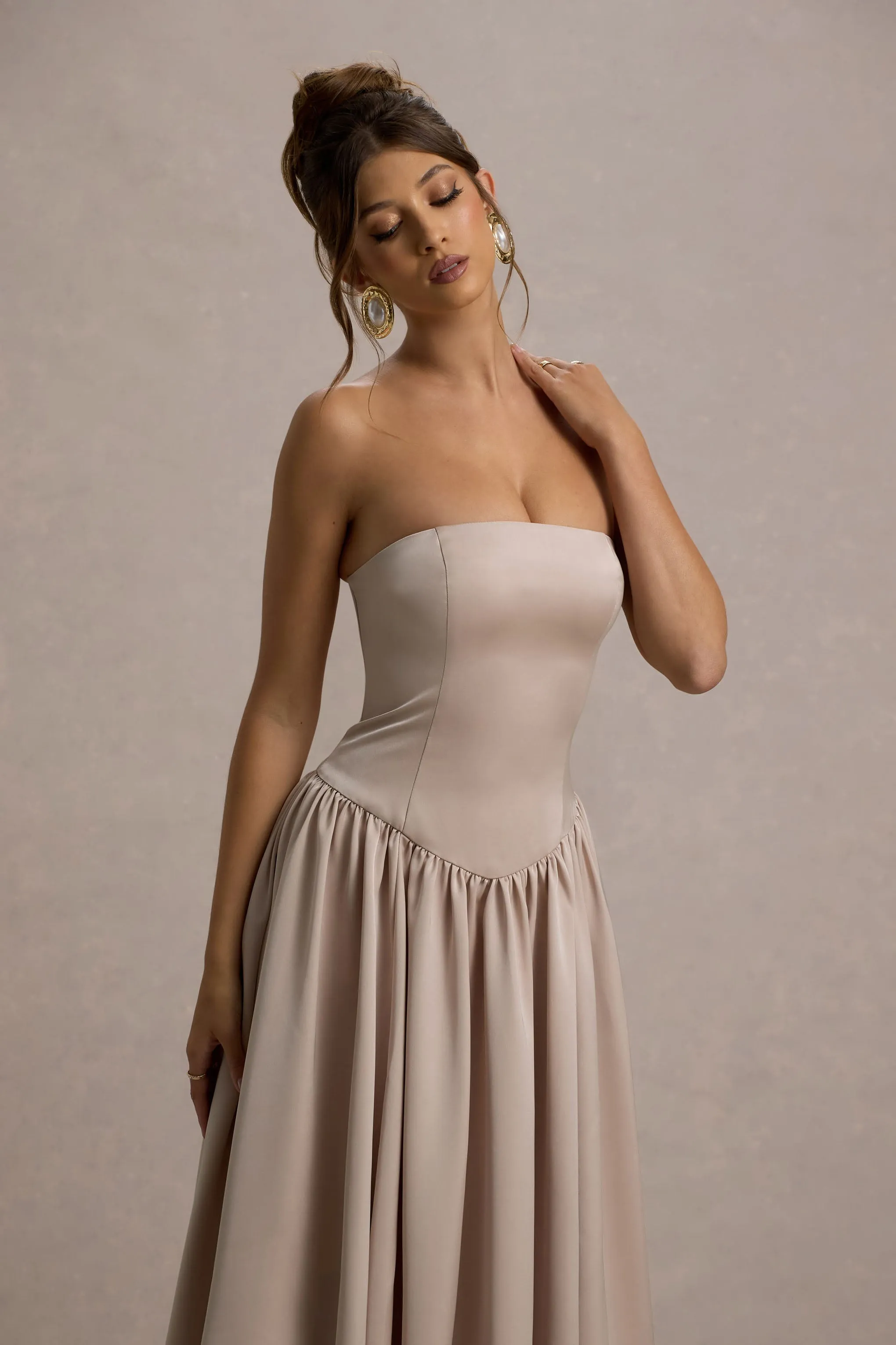 Keyton | Champagne Satin Bandeau Midi Dress sold by Club L London product image thumbnail 3