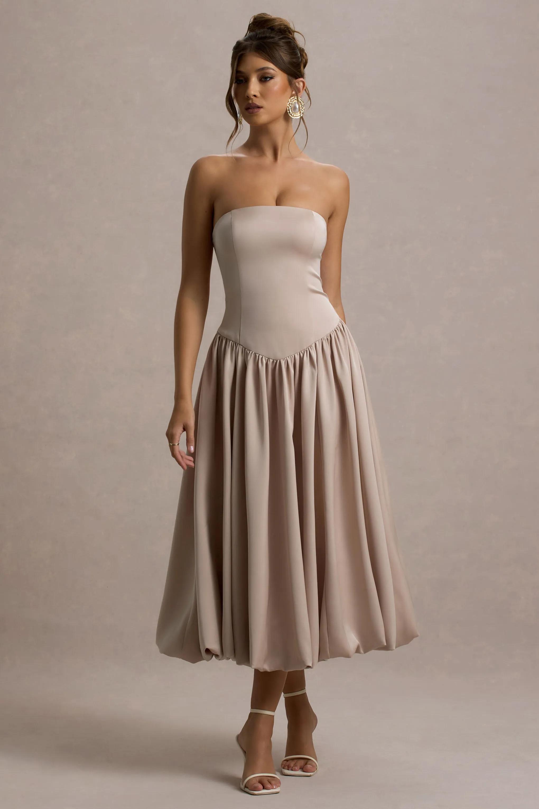 Keyton | Champagne Satin Bandeau Midi Dress sold by Club L London