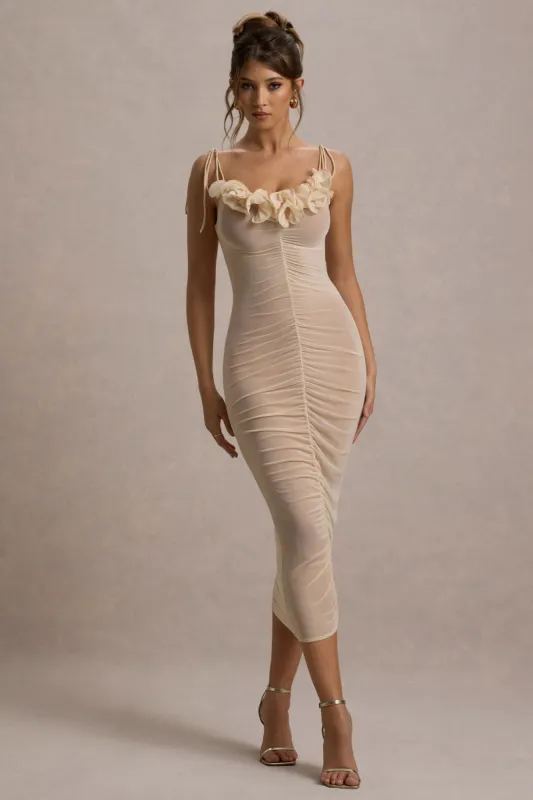 Jesi | Cream Mesh Ruched Midi Dress With Ruffles sold by Club L London