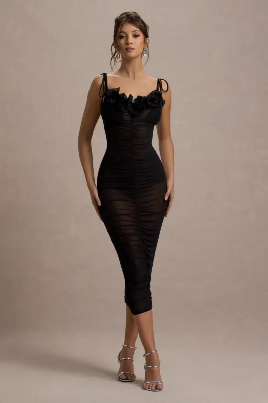 Jesi | Black Mesh Ruched Midi Dress With Ruffles sold by Club L London