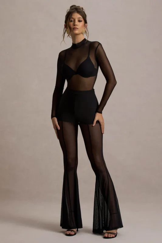 Romelle | Black Mesh Flared-Leg Trousers sold by Club L London