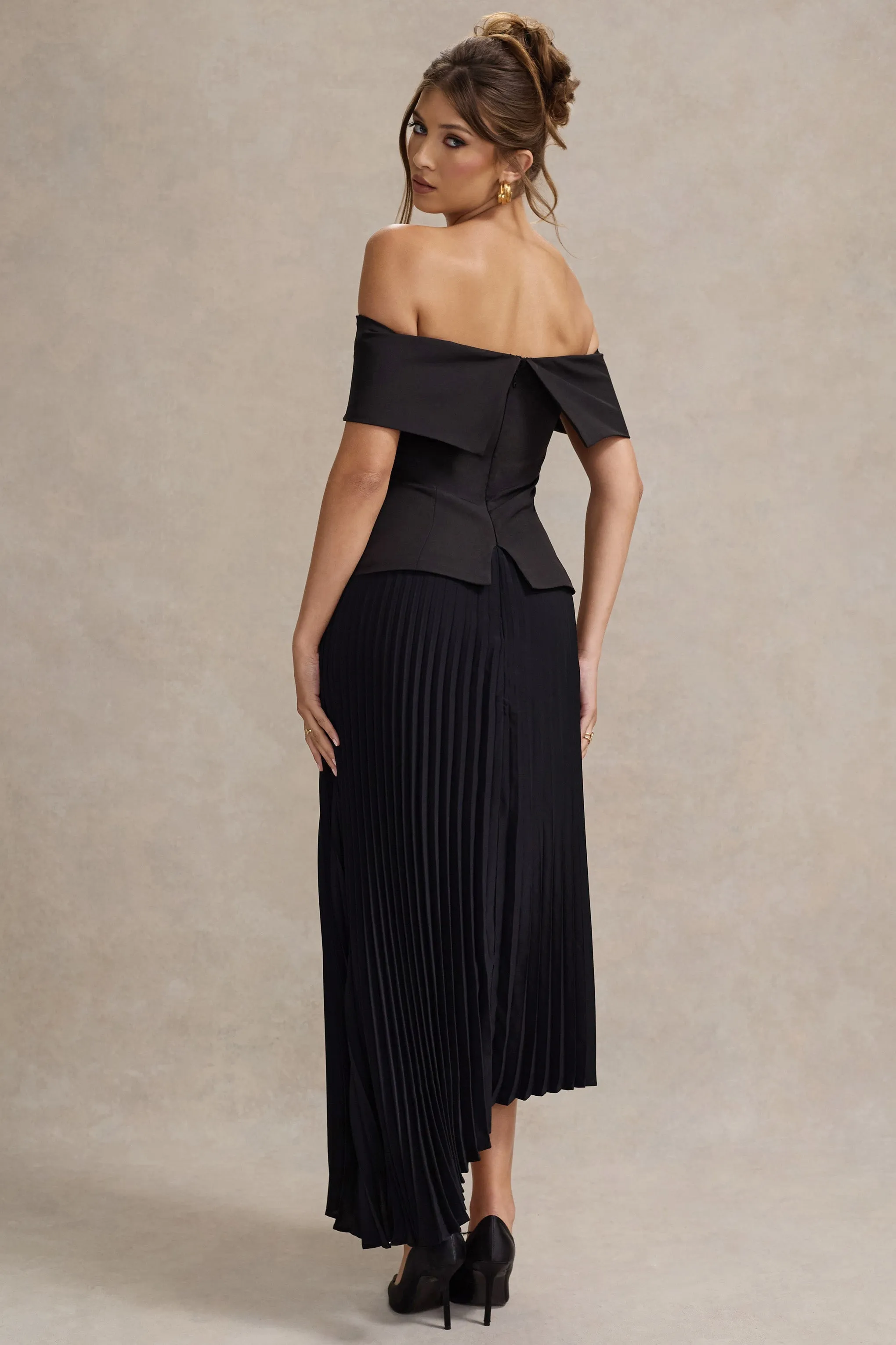 Hattie | Black Bardot Tailored Midi Dress With Plisse Skirt sold by Club L London product image thumbnail 2