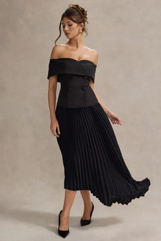 Hattie | Black Bardot Tailored Midi Dress With Plisse Skirt sold by Club L London