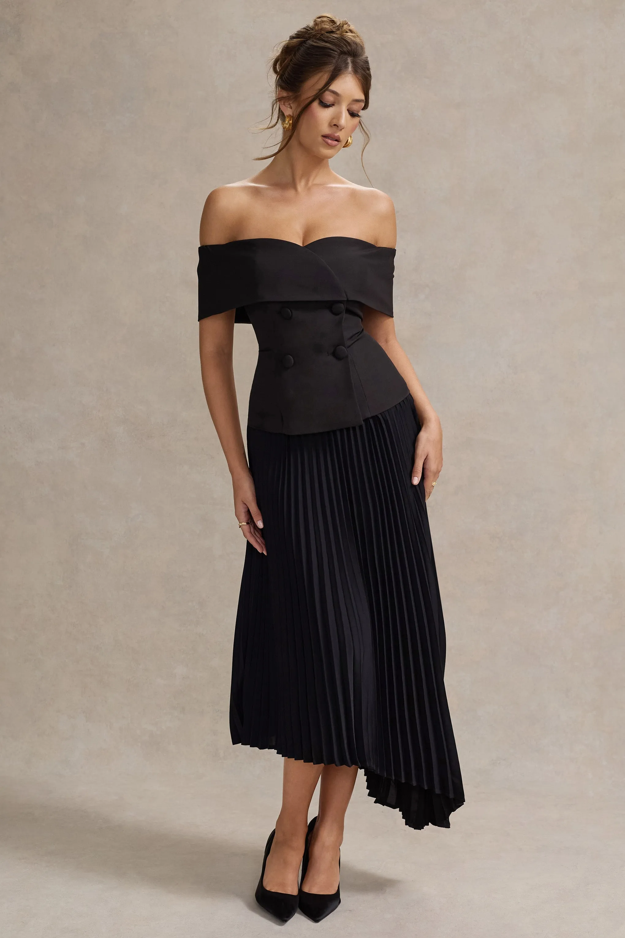 Hattie | Black Bardot Tailored Midi Dress With Plisse Skirt sold by Club L London product image thumbnail 4