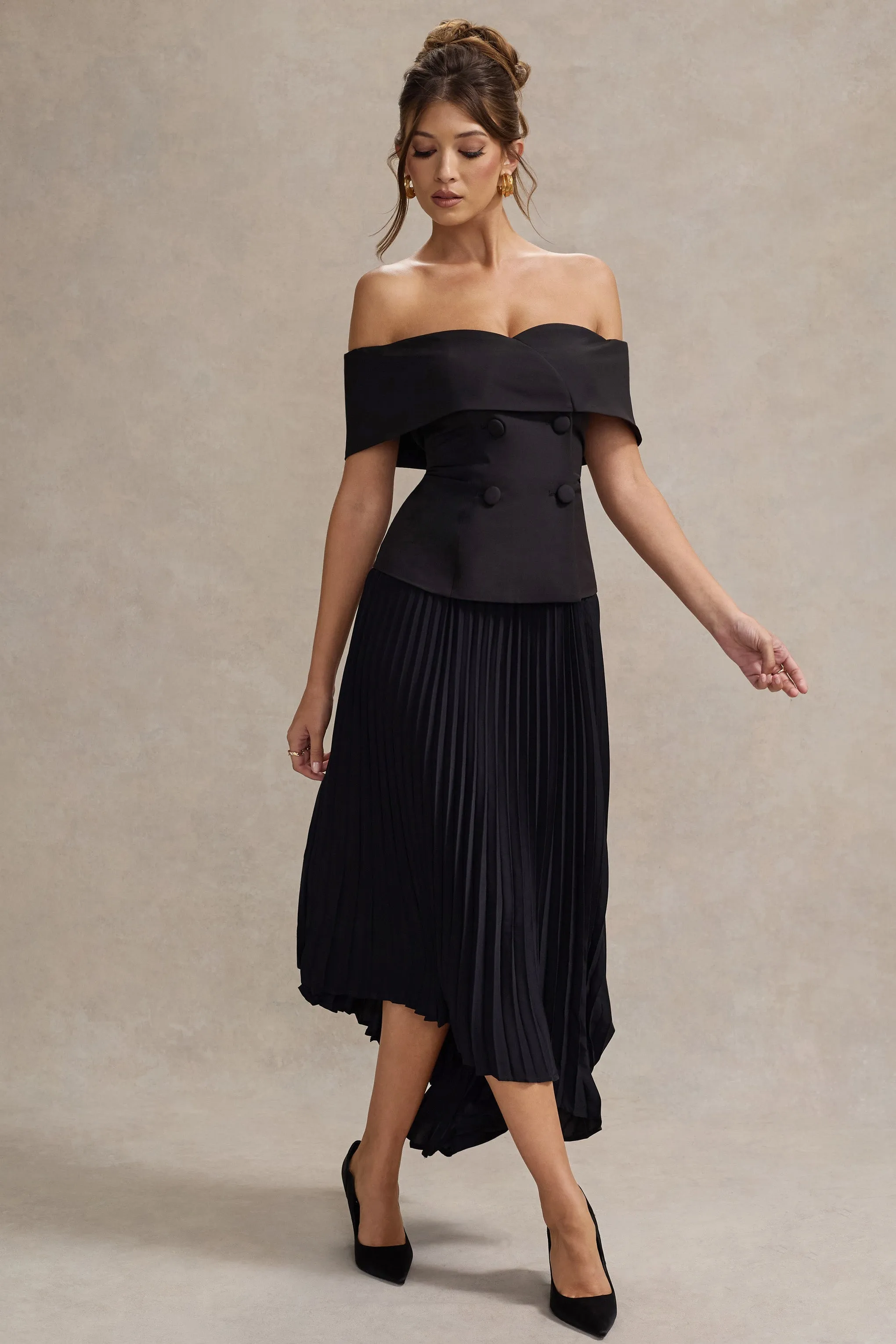 Hattie | Black Bardot Tailored Midi Dress With Plisse Skirt sold by Club L London product image thumbnail 5