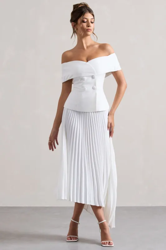 Hattie | White Bardot Tailored Midi Dress With Plisse Skirt sold by Club L London