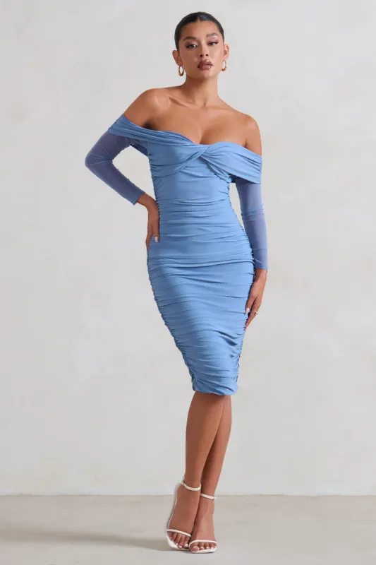 Neva | Ice Blue Bardot Twist Midi Dress sold by Club L London
