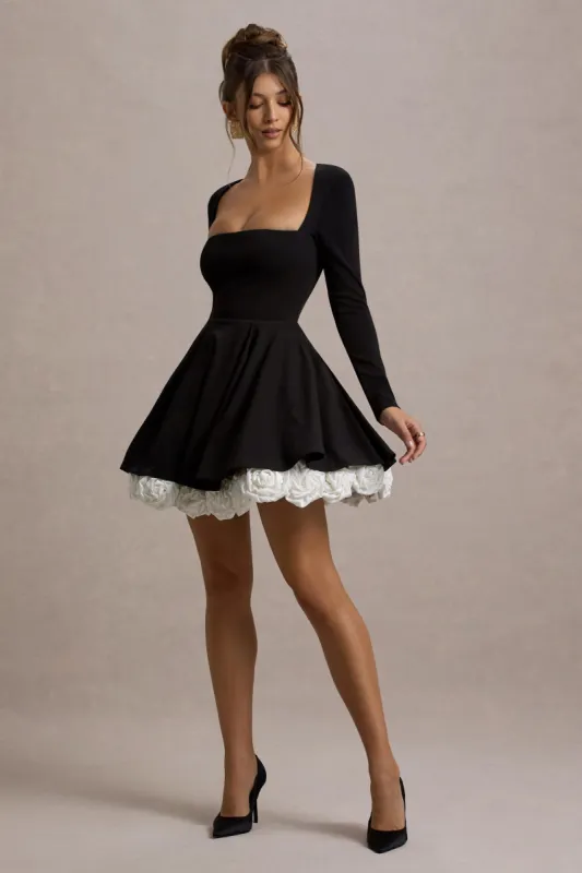 Azelie | Black & White Square-Neck Floral-Trim Mini Dress sold by Club L London